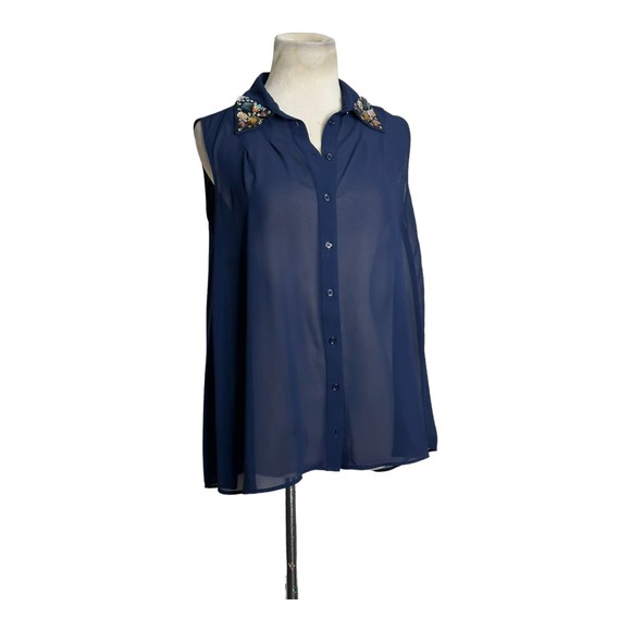 Aqua blue jeweled collared buttoned sleeveless sheer blouse size Small - Picture 8 of 11